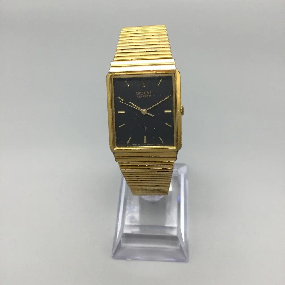 Vintage Orient Mens Watch 25mm Black Dial Gold Tone Japan Adj Band New Battery